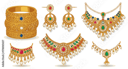 Elegant Gold Jewelry Set with Gemstones and Pearl Accents.
