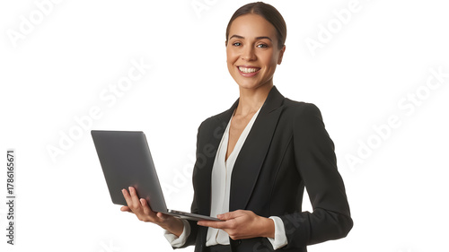Confident businesswoman smiling and holding a laptop, ready for success in any professional setting, embodying ambition and modern work.