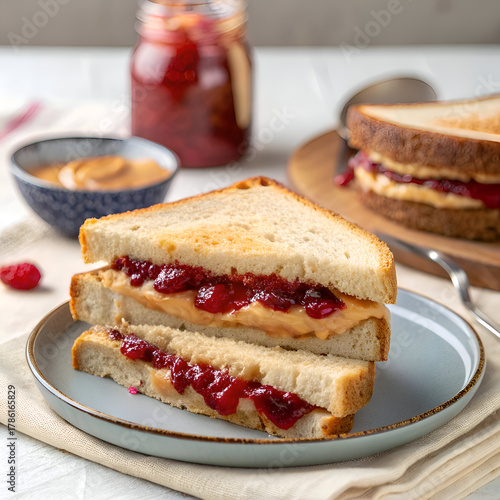 A close up of a peanut butter and jelly sandwich cut in half and stacked on a blue plate indoors