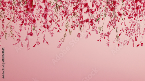 Pink floral border with hanging delicate branches and leaves evoking gentle romance