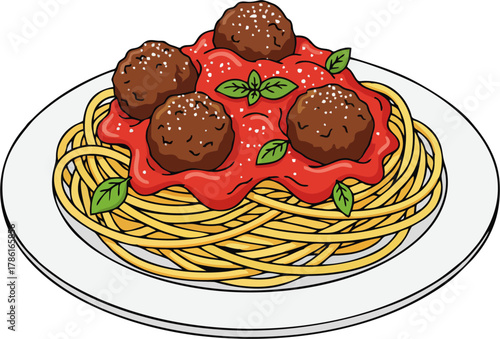Spaghetti and Meatballs Vector Illustration – Classic Italian Pasta with Tomato Sauce, Basil, and Parmesan