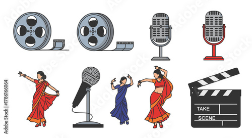 Bollywood-themed illustration showcasing film reels, microphones, dancers, and a clapperboard, representing Indian cinema and culture.
