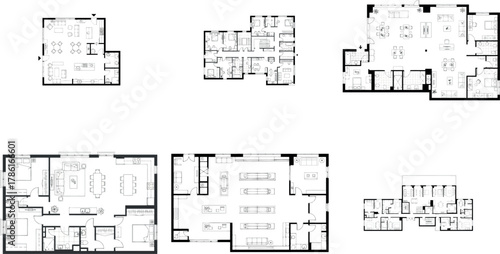 Set of six architectural floor plans showing different house layouts