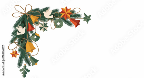 A festive Christmas corner decoration featuring pine branches, ornaments, stars, bells, and doves, perfect for holiday season designs and celebrations.