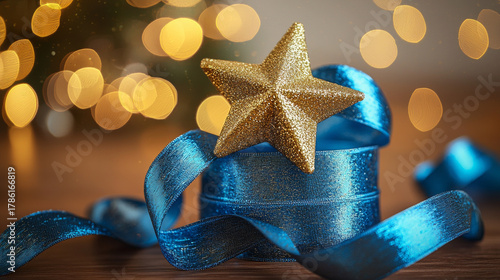 Gold star ornament blue ribbon with warm bokeh lights, festive holiday glow and elegant
