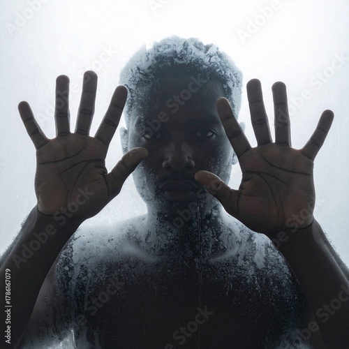 Shadowy figure behind frosted glass with hands and face blurred by fog, creating a chilling and suspenseful mood, perfect for a psychological thriller or horror-themed concept.