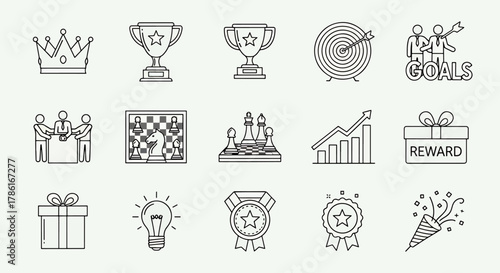 Collection of business success icons including crown, trophies, target, handshake, chess, graph, gifts, lightbulb, medal, and confetti