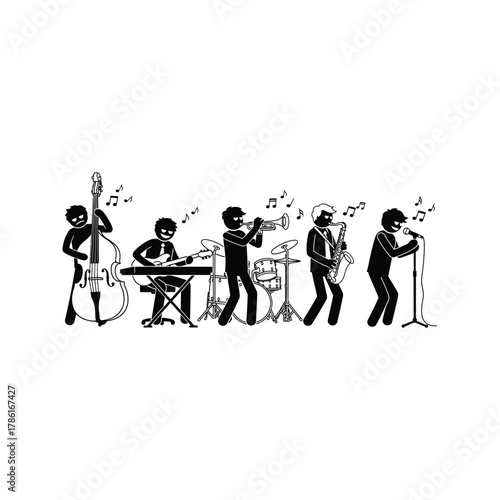 A diverse jazz band of stick figures playing various instruments and singing on a white background