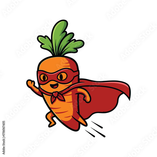 Cute cartoon superhero carrot character with red cape and mask flying with speed lines and shadow