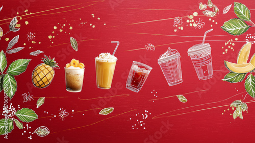 Tropical fruit smoothie and iced coffee lineup with decorative leaves and red background