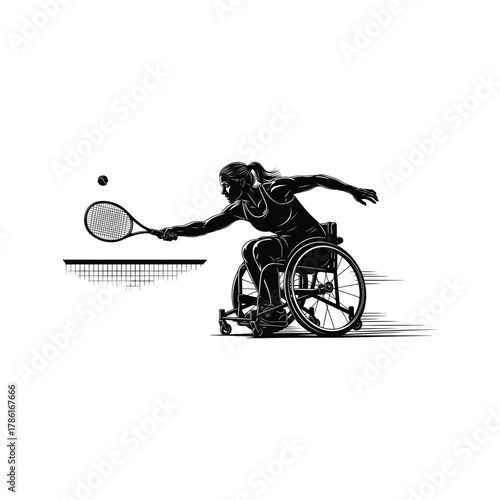 Dynamic silhouette of a determined female wheelchair tennis player hitting a forehand shot with speed and agility