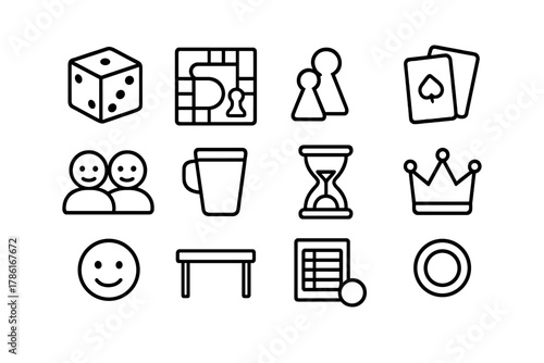 Board Game Icons. Board game night. Line outline icon set of board game night: dice, board, pieces, cards,