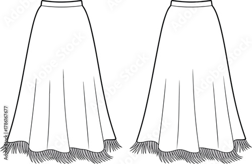 Cad drawing flat vector illustration, fashion sketch, long skirt design, fringe hem detail, garment construction, apparel template, technical style sheet