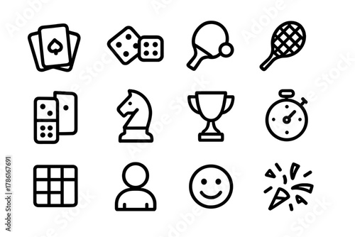 Leisure Game Icons. Leisure games. Line outline icon set of leisure games: cards, dice, domino, ping pong