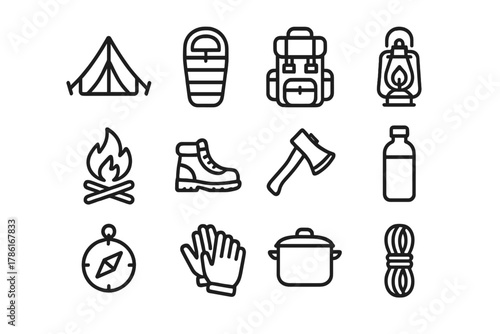 Camping Gear Icons. Camping gear. Line outline icon set of camping gear: tent, sleeping bag, backpack, lantern