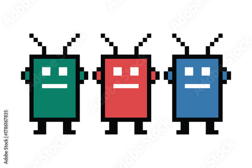 Cartoon pixel art of humanoid robot learning toy robotic engineer bot machine business vector character automation electronic background 8 bit artificial intelligence concept.