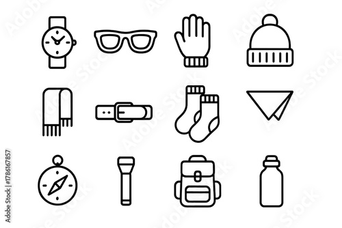 Outdoor Gear Icons. Outdoor accessories. Line outline icon set of outdoor accessories: watch, sunglasses,