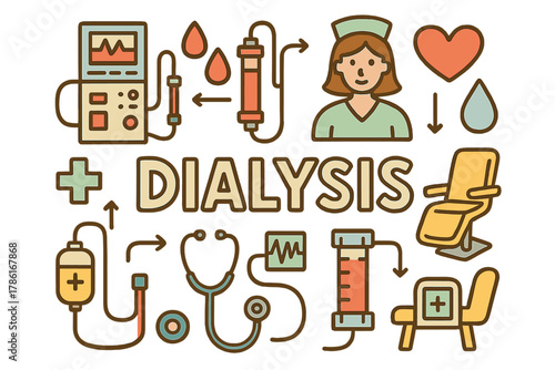 Dialysis Doodle Art. Dialysis. Hand-drawn doodle illustration of dialysis. Kidney machine, tubes, blood drops,