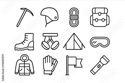 Mountain Expedition Icons. Mountain expedition. Line outline icon set of mountain expedition: ice axe, helmet,