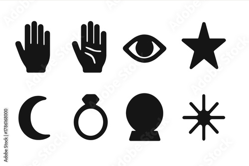 Palmistry Icon Set. Palmistry. Filled icon set of palmistry: open hand, palm lines, eye, star, moon, ring,