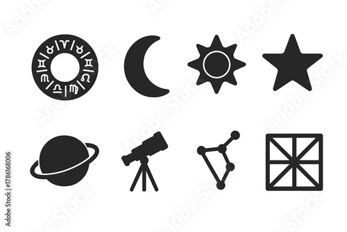 Astrology Icon Set. Astrology symbols. Filled icon set of astrology symbols: zodiac wheel, moon, sun, star,