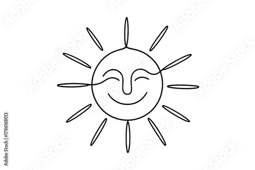 Minimalist Smiling Sun. Hello Sunshine. minimalistic one-line drawing of a smiling sun with rays, continuous
