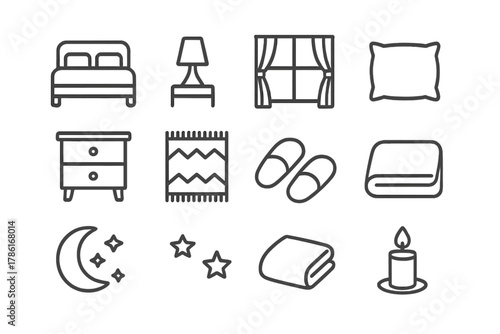 Cozy Bedroom Icons. Cozy bedroom. Line outline icon set of cozy bedroom: bed, lamp, window, curtain, pillow,