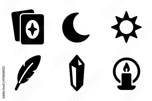 Oracle Card Icons. Oracle cards. Filled icon set of oracle cards: deck of cards, moon, sun, star, feather,