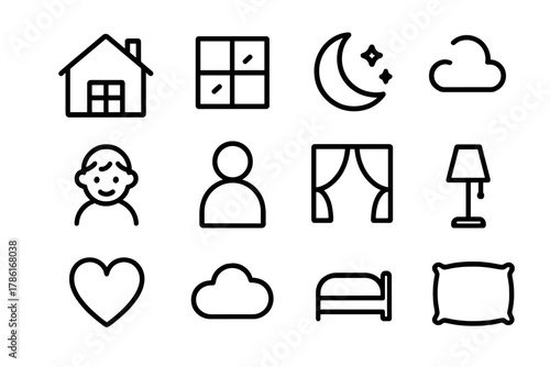 Nighttime Family Icons. Family home at night. Line outline icon set of family home at night: house, window