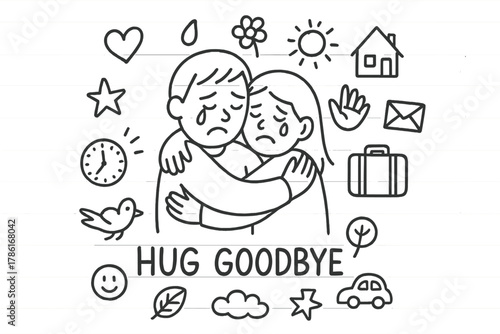 Hug Goodbye Doodle. Hug goodbye. Hand-drawn doodle illustration of hug goodbye. In the middle, one slightly
