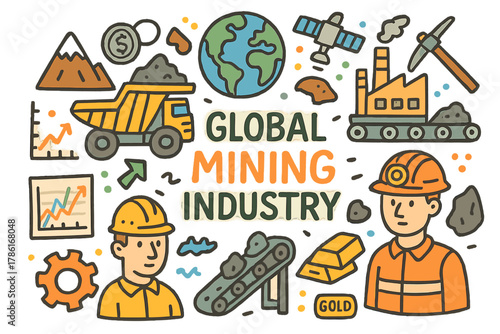 Global Mining Doodle. Global Mining Industry. Hand-drawn doodle illustration of global mining industry. Globe,