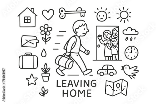 Leaving Home Doodle. Leaving home. Hand-drawn doodle illustration of leaving home. In the middle, one slightly
