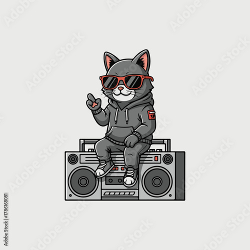 Cool Grey Cat in Hoodie and Sunglasses Sitting on a Boombox vector illustration on white background 