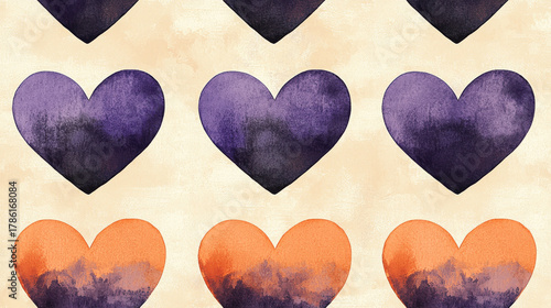 Watercolor purple and orange heart pattern on beige background, whimsical romantic texture