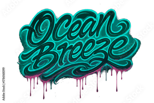 Neon Ocean Graffiti. Ocean Breeze. neon graffiti lettering with glowing aqua and pink edges, dripping paint