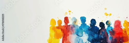 Vibrant watercolor silhouettes of people celebrating unity and human rights. Horizontal banner. Free space for text. Justice for all, fight for equality. Watercolor illustration