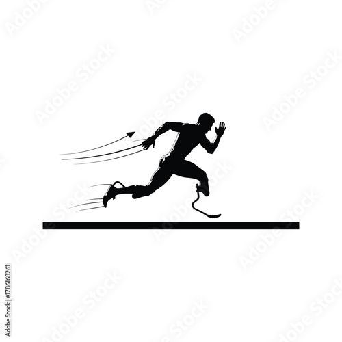 Silhouette of a determined athlete with prosthetic legs running towards a bright future with speed and agility