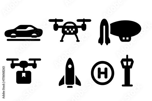 Futuristic Flying Icons. Flying vehicles. Filled icon set of flying vehicles: hover car, drone taxi, jetpack,