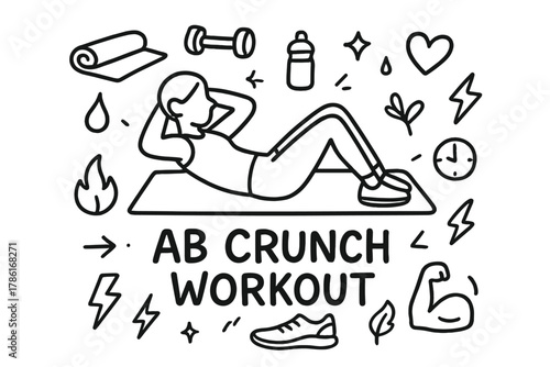 Ab Crunch Doodle. Ab crunch workout. Hand-drawn doodle illustration of ab crunch workout. In the middle, one