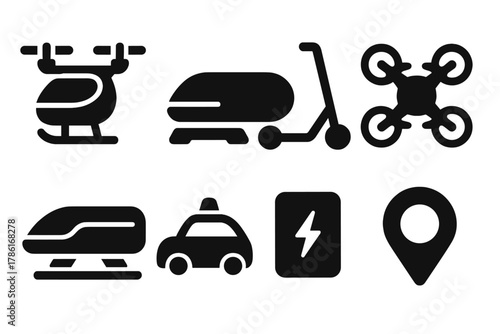 Futuristic Transport Icons. Futuristic transport. Filled icon set of futuristic transport: flying taxi,