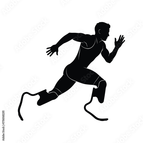 Silhouette of a determined male athlete with prosthetic legs sprinting forward on a white background