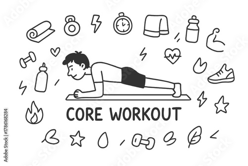 Core Workout Doodle. A person doing an intense core workout, like planks or crunches. Hand-drawn doodle