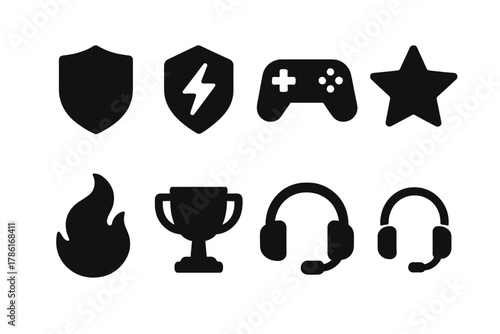 Esports Icon Set. Esports branding. Filled icon set of esports branding: team badge, shield, lightning bolt,