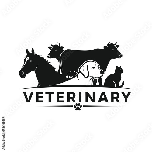 Veterinary logo featuring a horse cows dog and cat with the word veterinary and a paw print