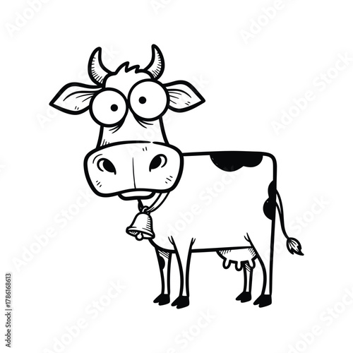 Whimsical cartoon cow with big eyes and a bell around its neck standing on a white background