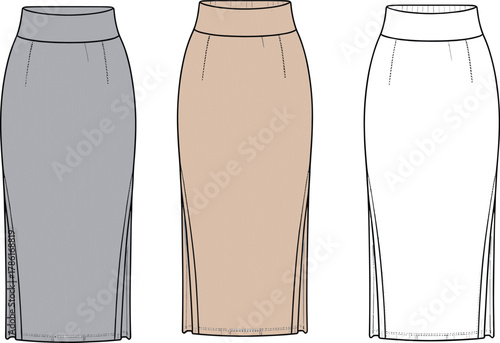 Pencil skirt fashion design, high waist silhouette, technical flat sketch, CAD drawing, vector illustration, beige gray black color options