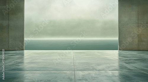 Open concrete gallery with ocean view and calm mood