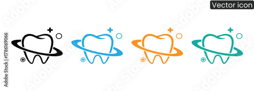 Sleek icons represent modern dental services, showcasing healthy teeth with orbiting rings and plus signs for advanced oral care.