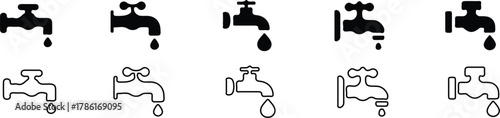 water faucet dripping tap black black line icons set vector  collection 