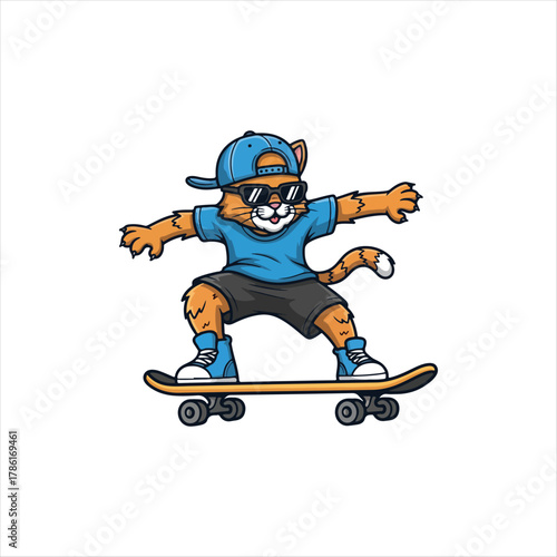 Happy Cat Skateboard Cartoon Style mascot vector illustration on white background 
